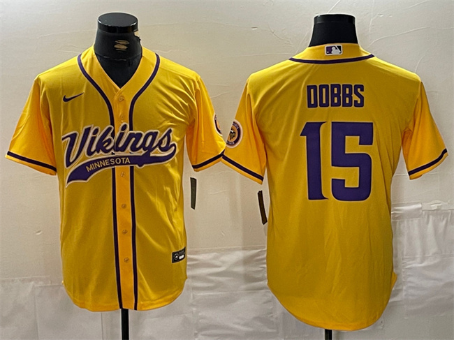 Men's Minnesota Vikings #15 Joshua Dobbs Yellow Cool Base Stitched Baseball Jersey